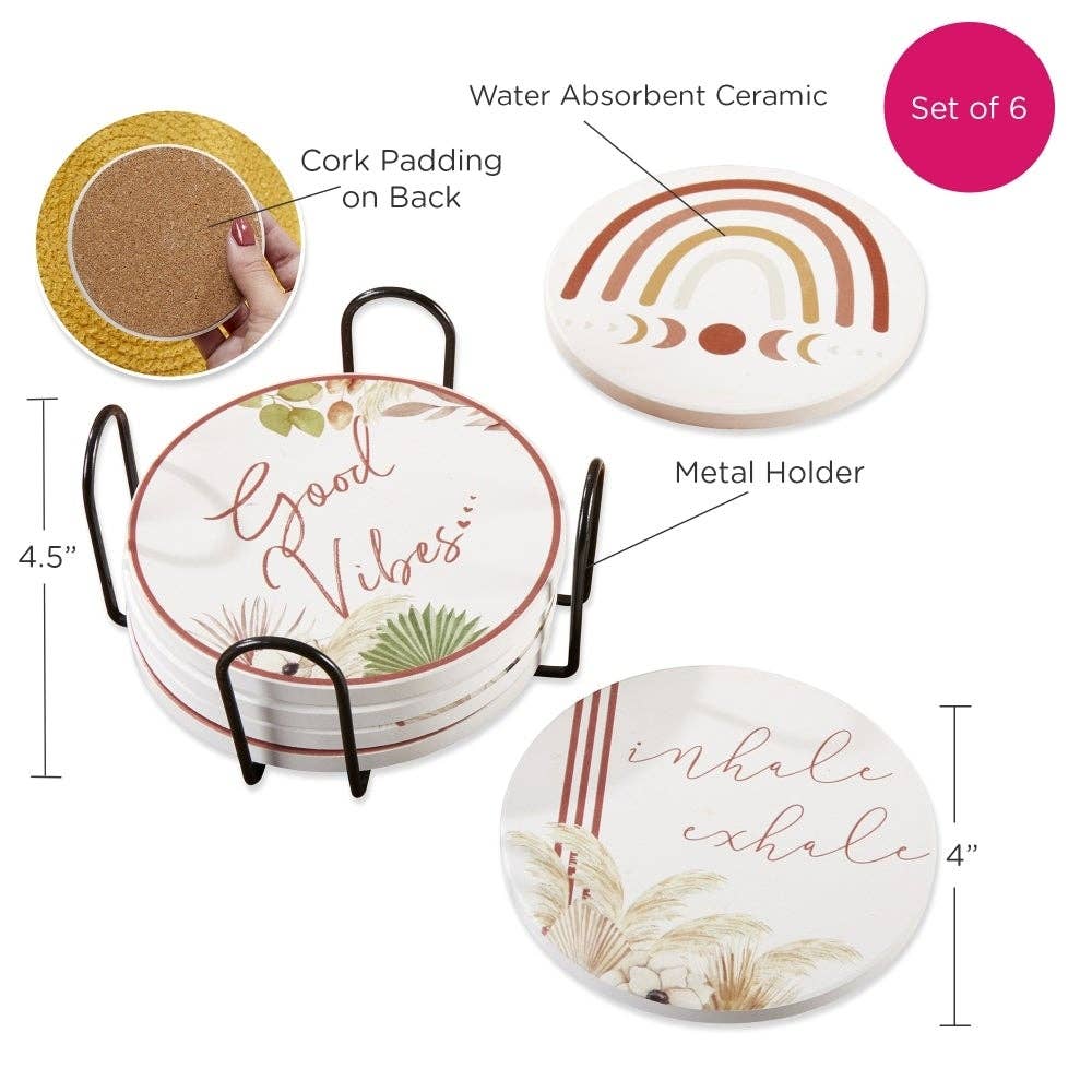 Boho Ceramic Coaster with Holder (Set of 6)
