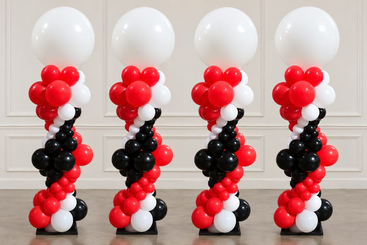 Four red, black and white organic columns with jumbo white toppers