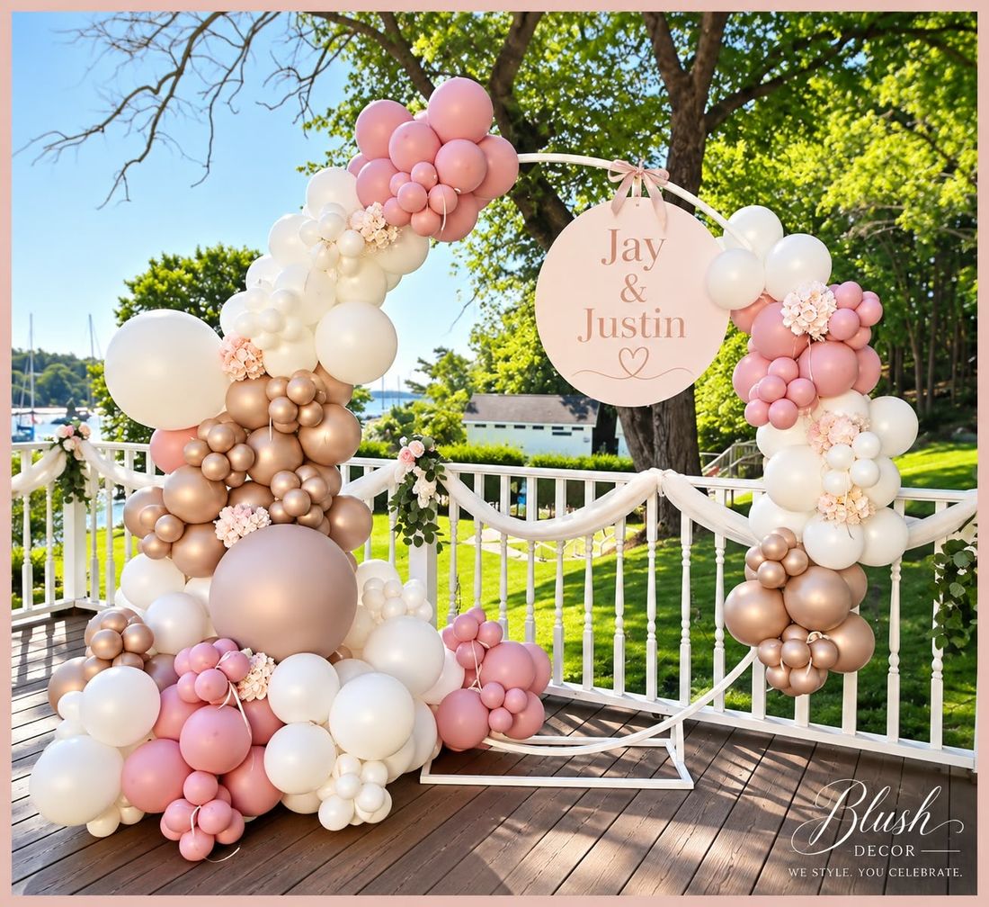 Pink, white and rose gold hoop backdrop with florals and a Jay and Justin sign
